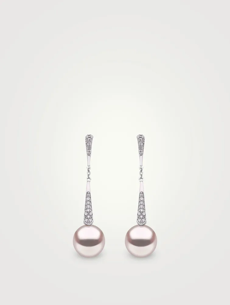 18K White Gold Chain Drop Earrings With Pearls and Diamonds