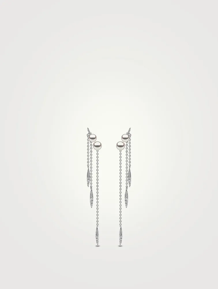 18K White Gold Triple Chain Earrings With Pearls and Diamonds