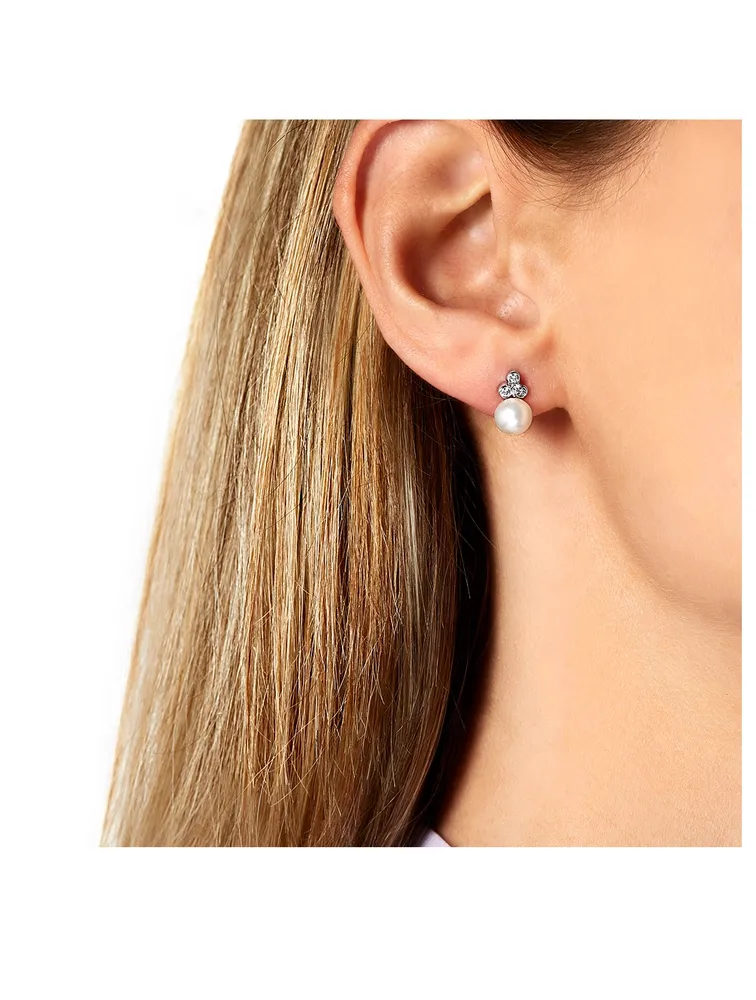 18K White Gold Freshwater Pearl And Diamond Earrings