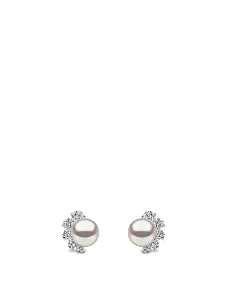 18K White Gold Pearl Earrings With Diamonds