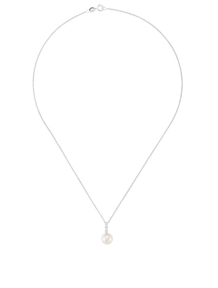 18K White Gold Triple Bezel Pendant Necklace With Pearl and Diamonds