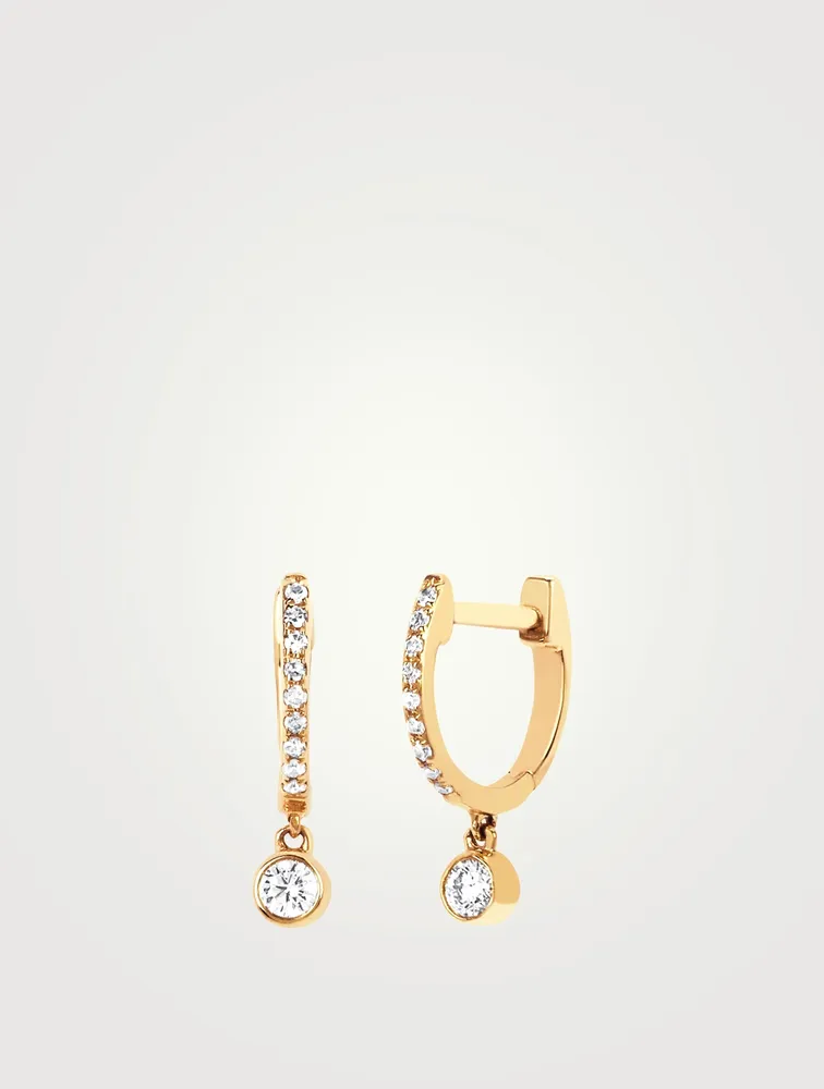 14K Gold Bezel Huggie Hoop Earrings With Diamonds