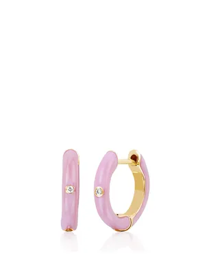 14K Gold Enamel Huggie Hoop Earrings With Diamonds