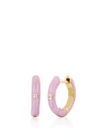 14K Gold Enamel Huggie Hoop Earrings With Diamonds