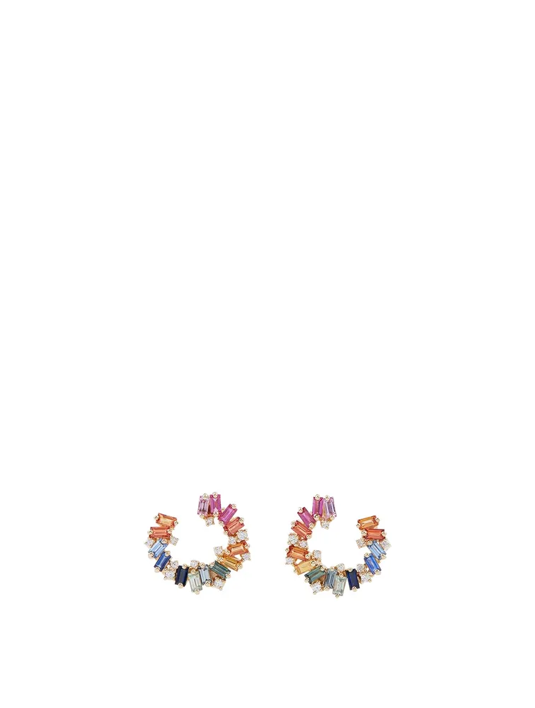 Rainbow Fireworks 18K Gold Spiral Earrings With Mixed Sapphires And Diamonds