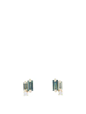 Rainbow Fireworks 18K Gold Green Sapphire Stud Earrings With Diamonds