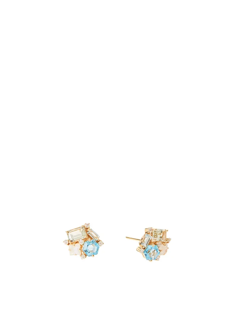 14K Gold Cluster Stud Earrings With Diamonds