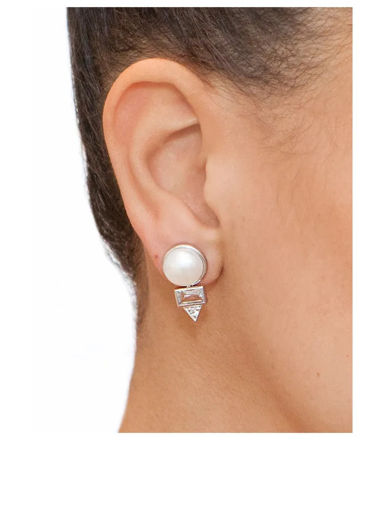 Cléo Sterling Silver Spear Baguette Pearl Stud Earrings With Topaz And White Sapphire