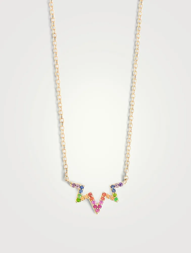 Aztec 14K Gold Starburst Rainbow Zig Zag Necklace With Multicolour Sapphire And Tsavorite