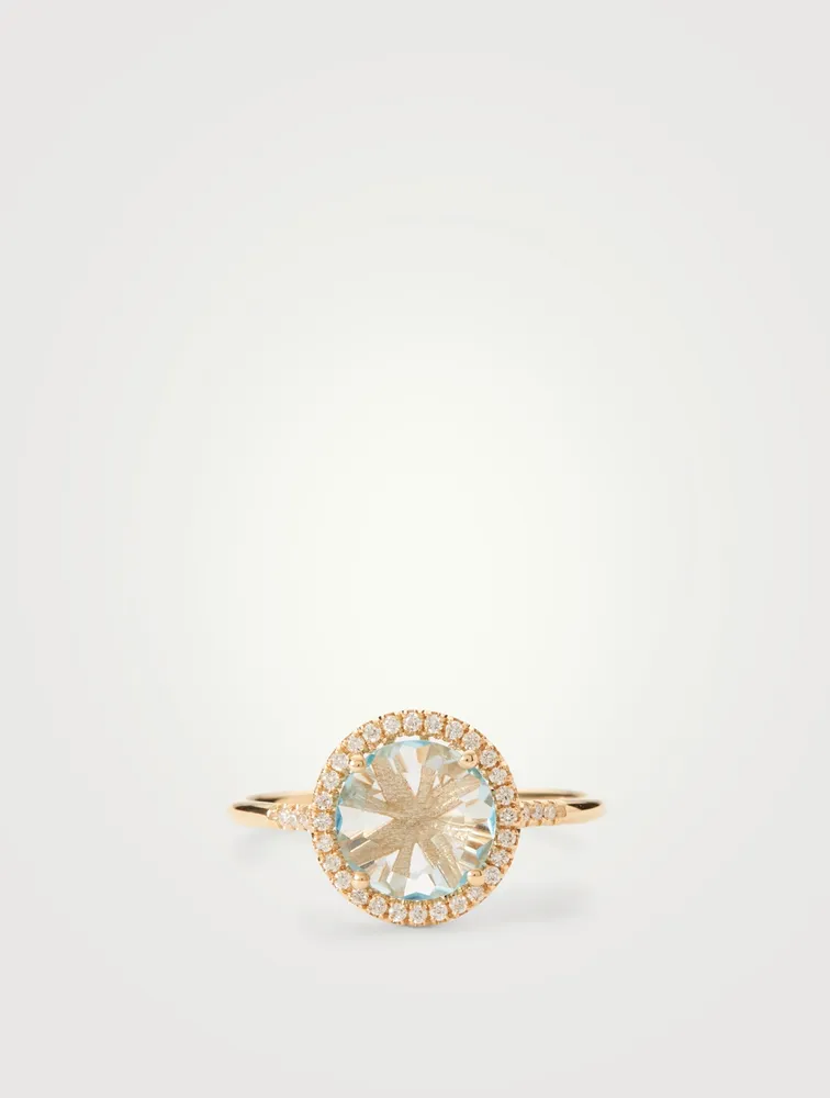 Small 14K Gold Round Soleil Ring With Blue Topaz And Diamonds