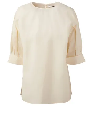 Linen-Blend Top With Pleated Sleeves