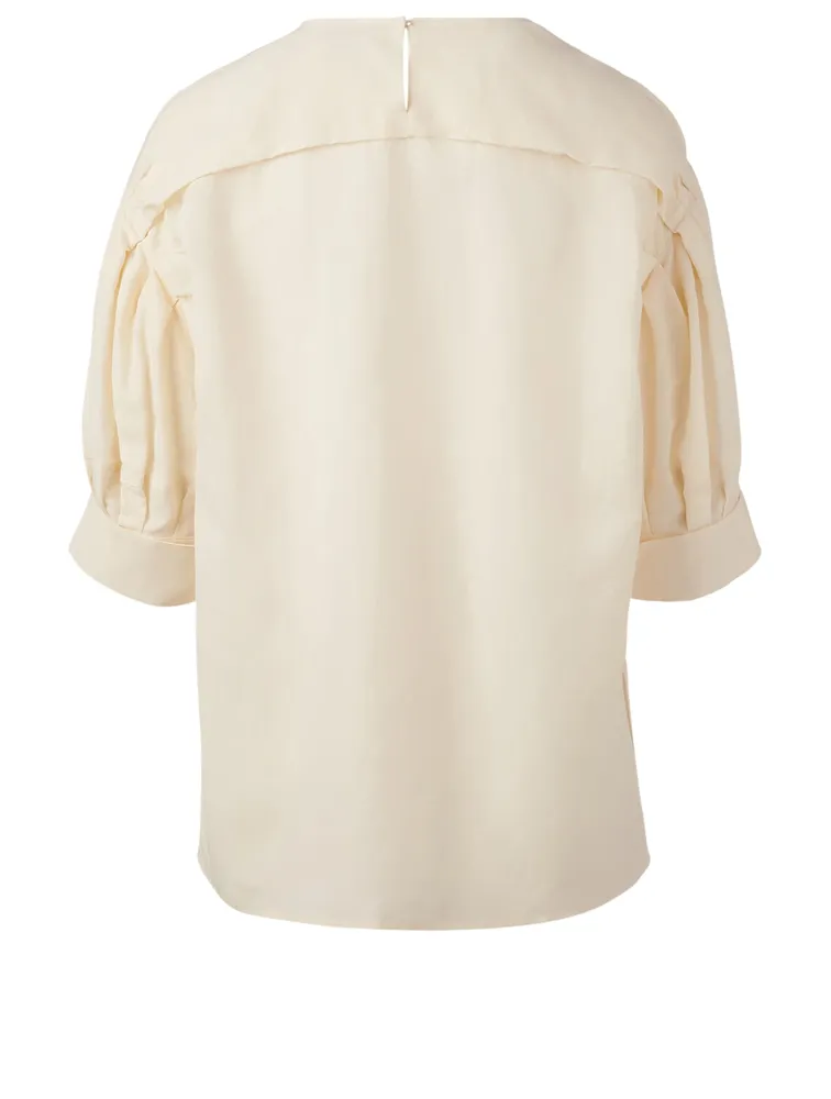 Linen-Blend Top With Pleated Sleeves