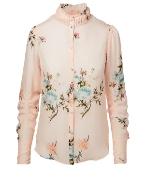 Elzie Silk Button-Up Blouse Floral Print