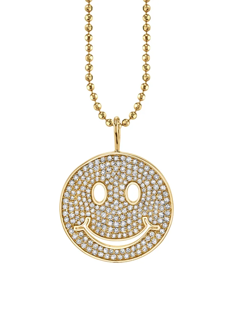 Large 14K Gold Happy Face Charm Necklace With Diamonds