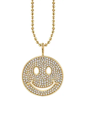 Large 14K Gold Happy Face Charm Necklace With Diamonds
