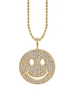 Large 14K Gold Happy Face Charm Necklace With Diamonds