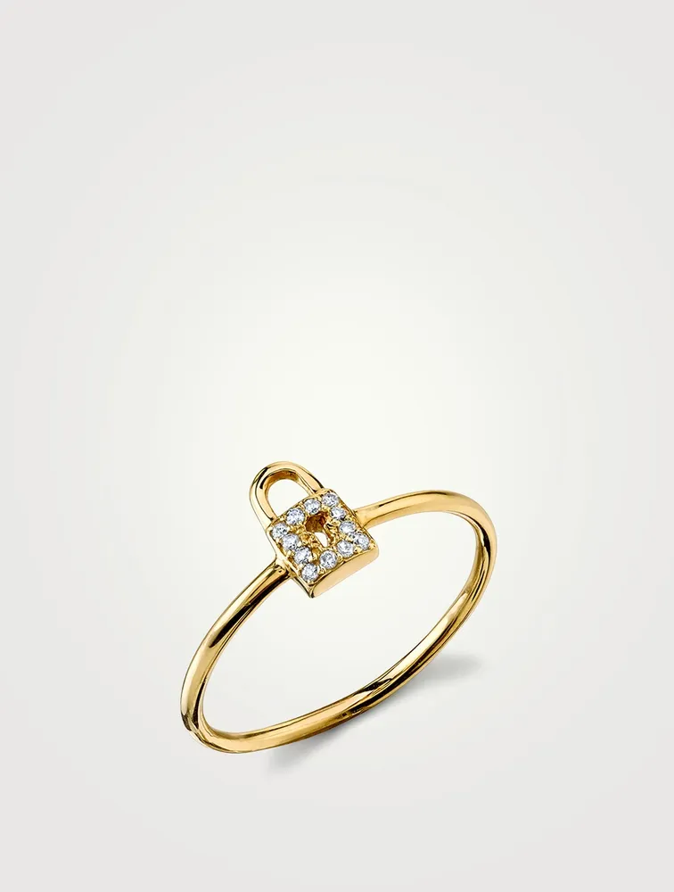 Small 14K Gold Key Hole Lock Ring With Diamonds