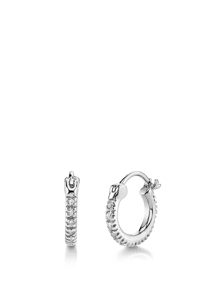 Mini 14K White Gold Huggie Hoop Earrings With Diamonds