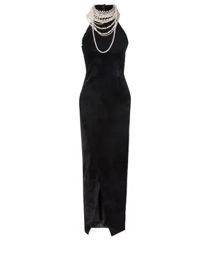 Velvet Halterneck Dress With Pearl Necklace