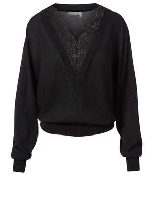 Wool V-Neck Sweater With Lace Insert