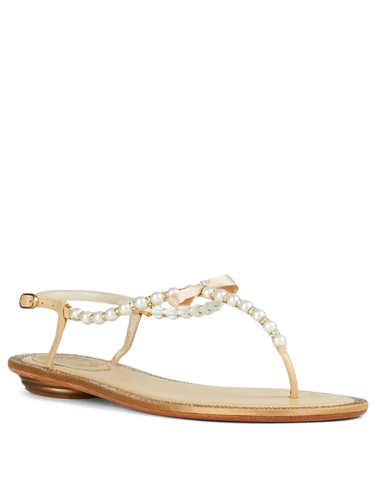 Eliza Leather Pearl Strass Thong Sandals