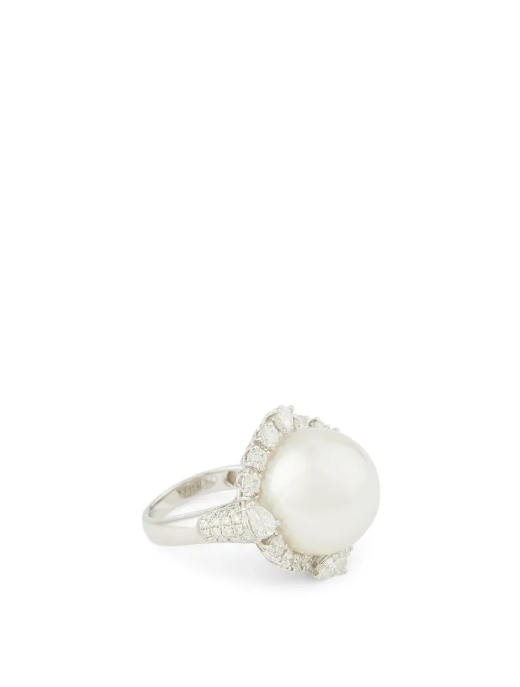 18K White Gold Pearl Ring With Diamonds