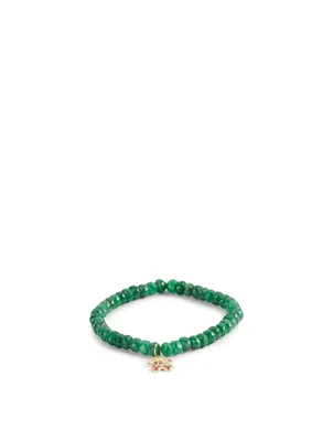 Beaded Emerald Bracelet With 14K Gold Small Diamond And Ruby Cherry Charm