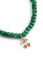 Beaded Emerald Bracelet With 14K Gold Small Diamond And Ruby Cherry Charm