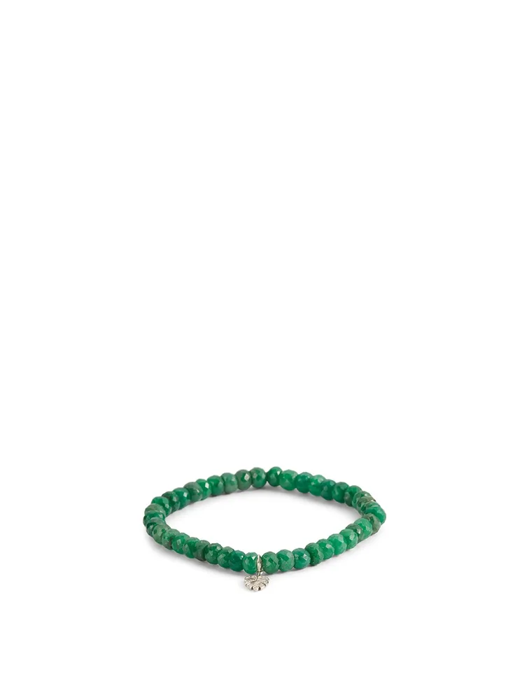 Beaded Emerald Bracelet With 14K White Gold Tiny Diamond Monstera Leaf Charm