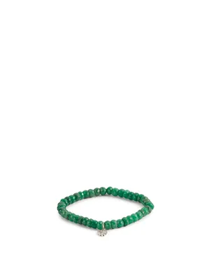 Beaded Emerald Bracelet With 14K White Gold Tiny Diamond Monstera Leaf Charm