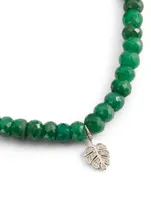 Beaded Emerald Bracelet With 14K White Gold Tiny Diamond Monstera Leaf Charm