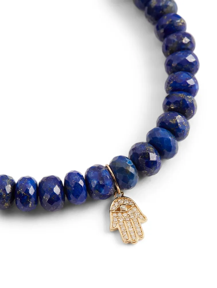 Beaded Lapis Bracelet With 14K Gold Small Diamond Hamsa Charm