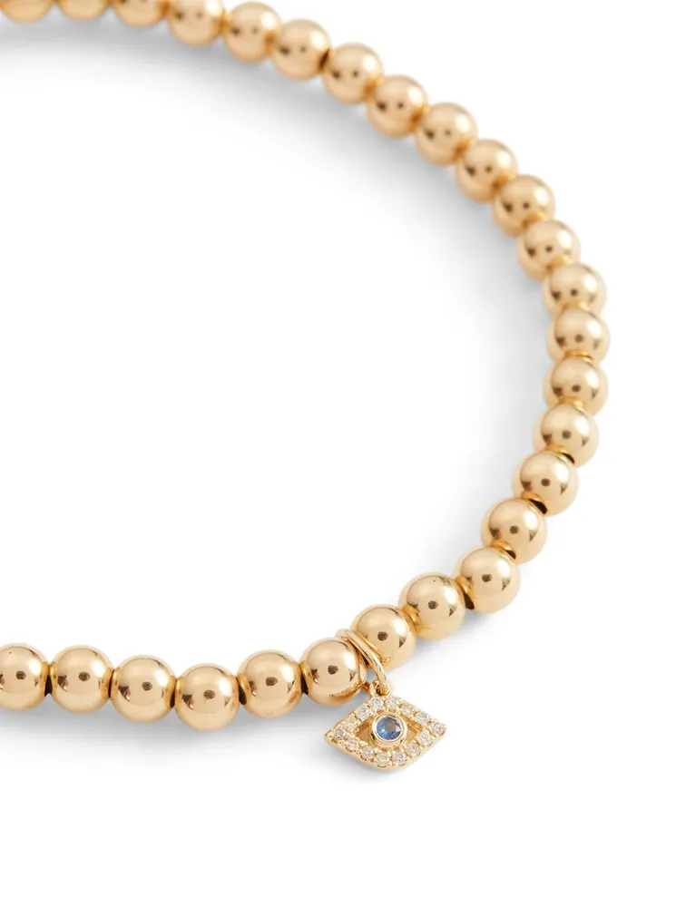 14K Gold Beaded Bracelet With Tiny Diamond Evil Eye Charm