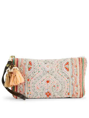 Panada Embroidered Clutch With Puka Shell Tassel