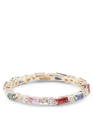 Rainbow Fireworks 18K Rose Gold Thin Eternity Ring With Mixed Sapphires And Diamonds