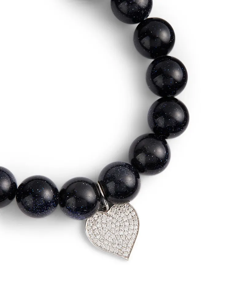 Blue Goldstone Beaded Bracelet With Large 14K Gold Diamond Heart Charm