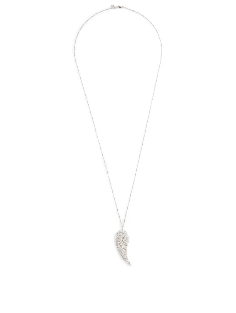 Large 14K White Gold Single Wing Charm Necklace With Diamonds