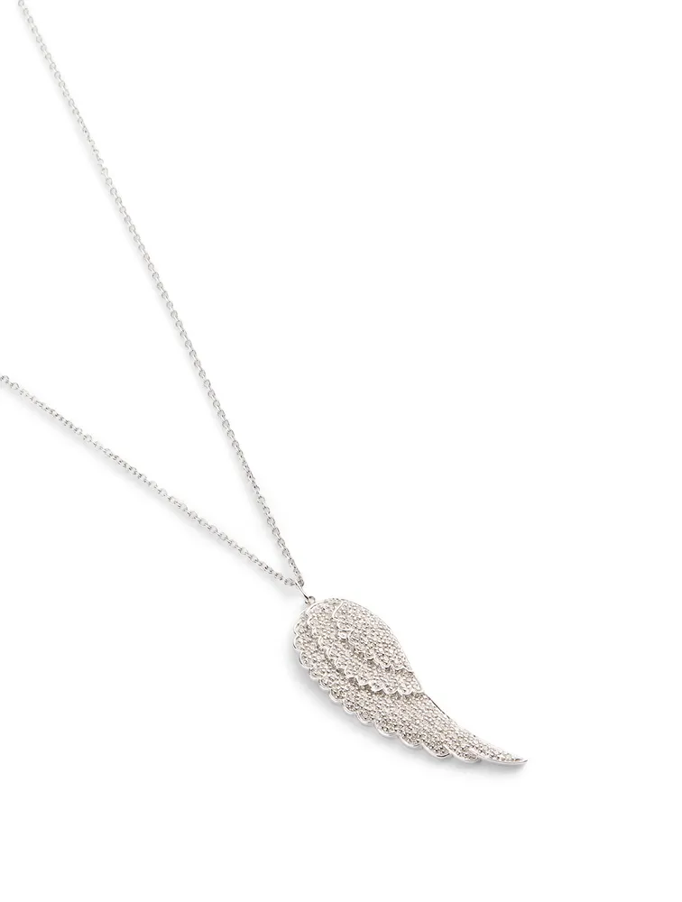 Large 14K White Gold Single Wing Charm Necklace With Diamonds