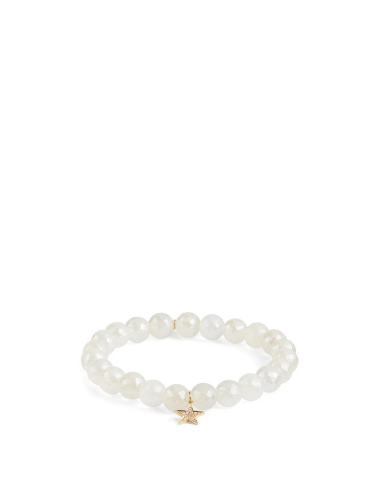 Chalcedony Beaded Bracelet With 14K Gold Diamond Star Charm