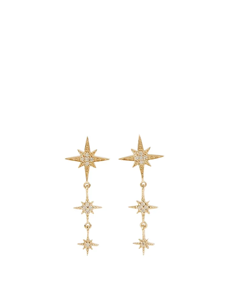 14K Gold Starburst Triple Drop Earrings With Diamonds