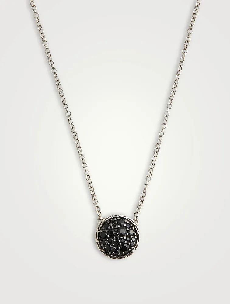 Carved Chain Silver Pendant Necklace With Black Spinel