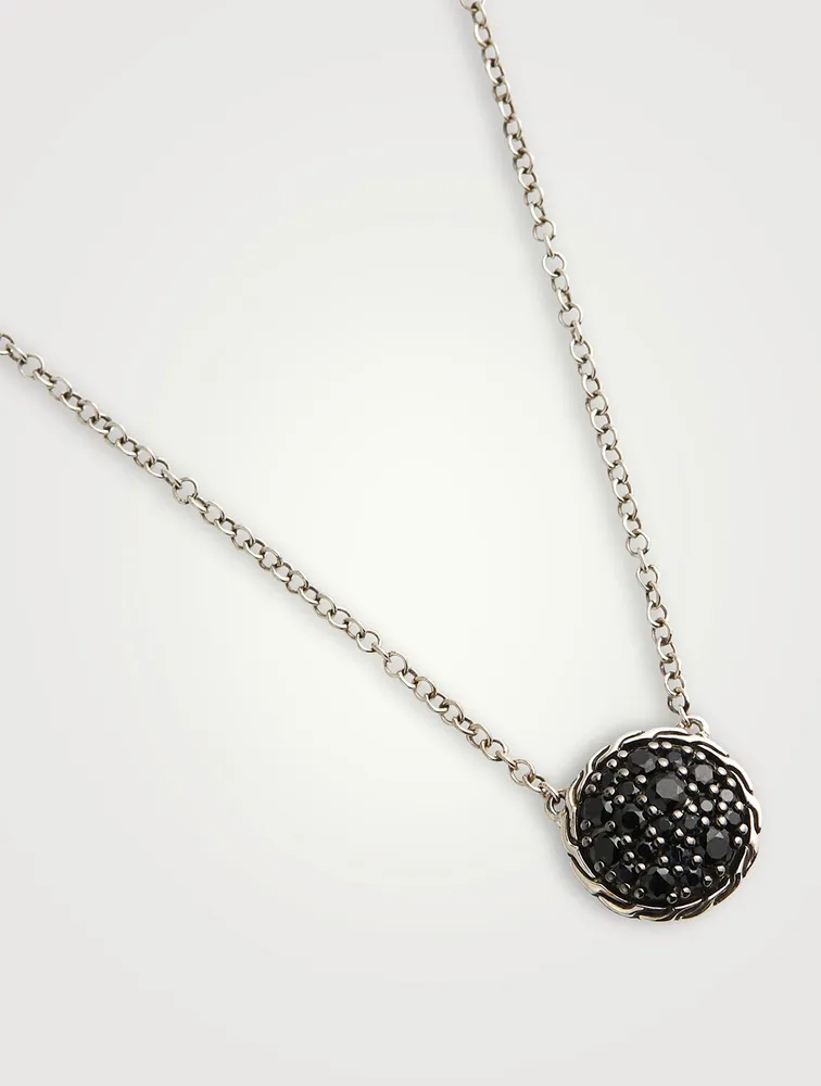 Carved Chain Silver Pendant Necklace With Black Spinel