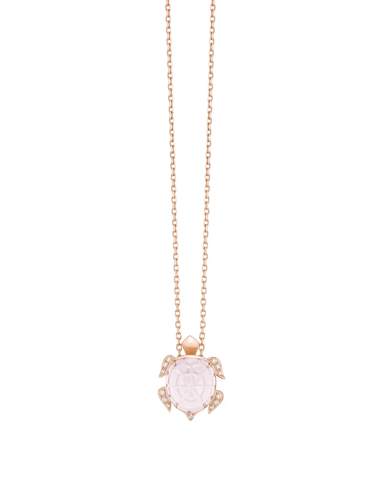 Honu The Turtle Rose Gold Pendant Necklace With Pink Quartz And Diamonds