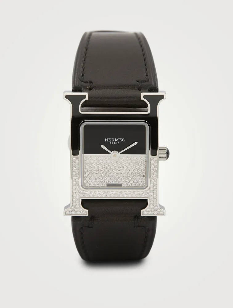 Heure H PM Leather Strap Watch With Diamonds