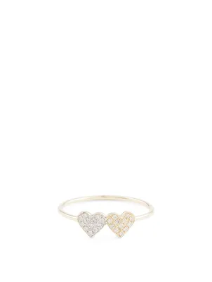 14K Gold Small Double Heart Ring With Diamonds