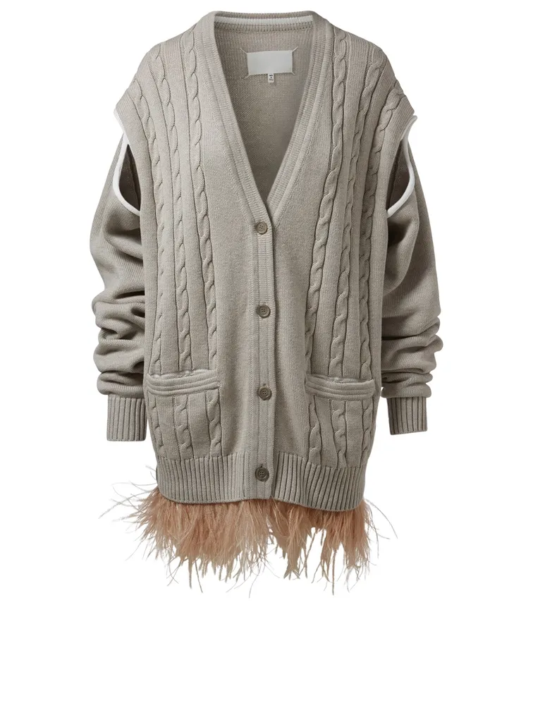 Cable-Knit Oversized V-Neck Cardigan With Ostrich Feathers