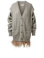 Cable-Knit Oversized V-Neck Cardigan With Ostrich Feathers