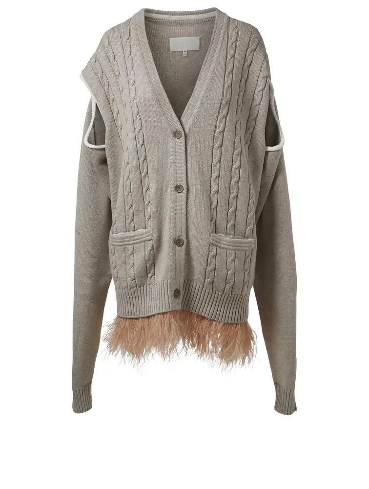 Cable-Knit Oversized V-Neck Cardigan With Ostrich Feathers