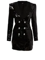 Sequin Double-Breasted Blazer Dress With Hood