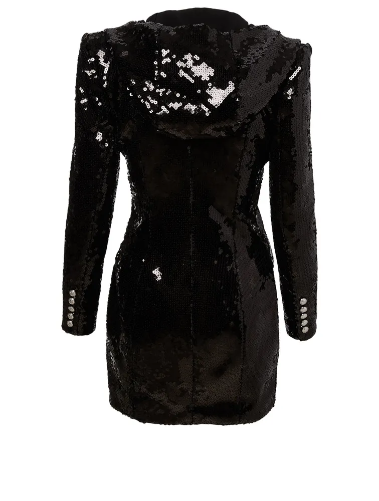 Sequin Double-Breasted Blazer Dress With Hood